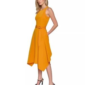 Karl Lagerfeld Sleeveless Belted Handkerchief-Hem Midi Dress - Orange Size 16